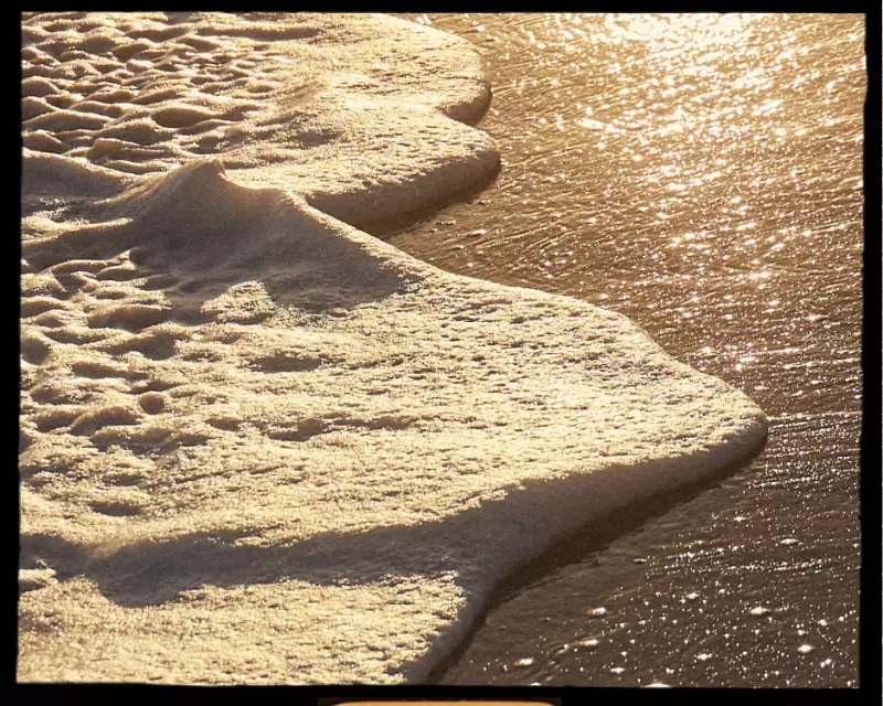 Foam from a wave running over wet sand at golden hour